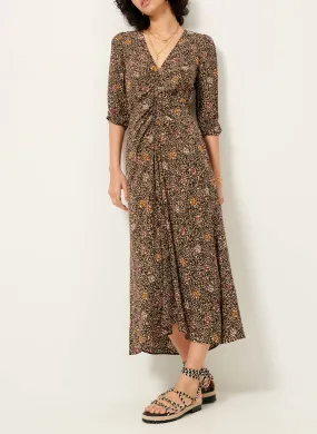 NYLIA - Robe longue col V imprimée en marron